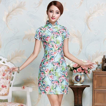 Китайски Vintage стил на Женската Сексуална официално район Рокли цвете Мандарина яка Qipao кратко мини рокля ГСМ XL XXL JY086