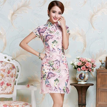 Китайски Vintage стил на Женската Сексуална официално район Рокли цвете Мандарина яка Qipao кратко мини рокля ГСМ XL XXL JY086