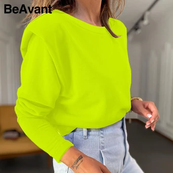 BeAvant свободно време раменна подложка дамски hoody зелено с дълъг ръкав кръгъл отвор пуловер High street fashion women clothing 2020