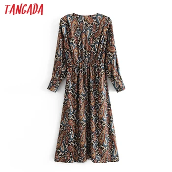 Tangada Пролетната мода жените Пейсли цветя печат рокля V neck дълъг ръкав дами midi рокля 3W05