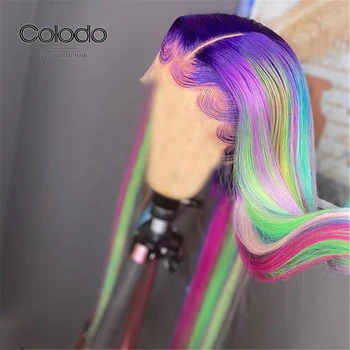 COLODO Colored Lace Front Перука Реми Human Hair Ombre Rainbow Lace Front Human Hair перуки предварително выщипанные директни ефирни дантелени перуки