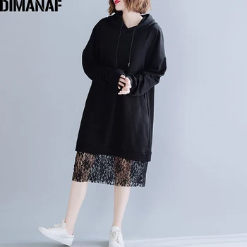 DIMANAF Plus Size Women Hoodies Vestidos есен зима с дълъг ръкав голям е размерът на свободни памучни черни дамски ризи с качулка дантела Сплайсированные