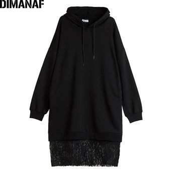 DIMANAF Plus Size Women Hoodies Vestidos есен зима с дълъг ръкав голям е размерът на свободни памучни черни дамски ризи с качулка дантела Сплайсированные