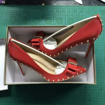 Пикантни 12 см екстремни дамски обувки на висок ток с лък нитове телесен цвят черен червен лют чорап плитки дамски обувки лодка плюс размер MD002 ROVICIYA