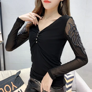 2020 новата пролетно корейски дрехи мода мозайка Секси окото тениска дамски блузи Ropa Mujer с дълъг ръкав диаманти риза тениски T02712