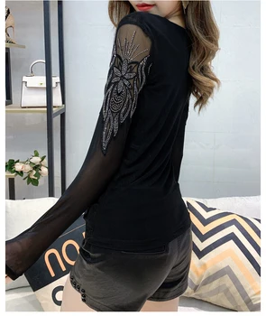 2020 новата пролетно корейски дрехи мода мозайка Секси окото тениска дамски блузи Ropa Mujer с дълъг ръкав диаманти риза тениски T02712