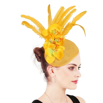 Елегантни дамски Fascinators YELLOW Derby Hat Flower For Lady Sinamay Church Hats Big Brim Fedoras Wedding Party Dress Hat SYF701