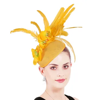 Елегантни дамски Fascinators YELLOW Derby Hat Flower For Lady Sinamay Church Hats Big Brim Fedoras Wedding Party Dress Hat SYF701