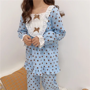 жената есен точка син пижамный комплект Дамски домашно облекло комплект от 2 части с дълъг ръкав топ панталони домашен костюм и вратовръзка пеперуда принцеса Лолита Y189