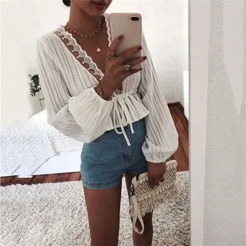 High Street Women White Секси Crop Върховете Дантела Deep V Neck Fashion Casual Long Фенер Sleeve Shirt Office Slim Lady Lace-up Blouse