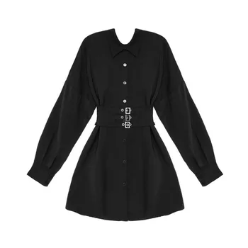 NiceMix Нов Стил, Готически Дамски Секси Mini Dress Черен Метален Колан Риза Dress A-Line Бутон Отличителни Мода Момичета Пънк Къса Рокля