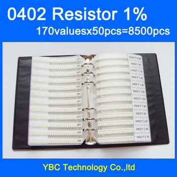 0402 SMD резистор образецът на книгата на 1% допускане 170valuesx50pcs=8500pcs резистор комплект 0R~10M