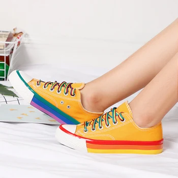 Дишащи Дамски Маратонки Бонбони Цвят Платно Вулканизированная Обувки Мода Дъга Дамски Платформа За Ходене Дамски Елегантен Комфорт Ежедневни