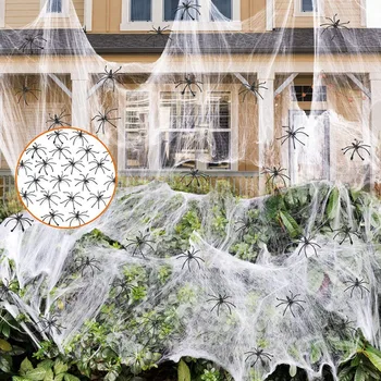 Halloween Party 1000 кв. фута Хелоуин Stretch Spider Web с 100 пластмасови фалшива паяци за вътрешни и външни декорации за Хелоуин