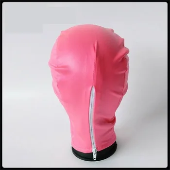 2018 Розово еластична ликра ликра латексово покритие робството качулка, маска за лице кучето роб възрастен БДСМ продукт легло игра на секс-играчки