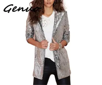 Genuo нов дамски яке есенна мода за жени, сребърни пайети палто отложным яка с дълъг ръкав надвишава жилетка якета