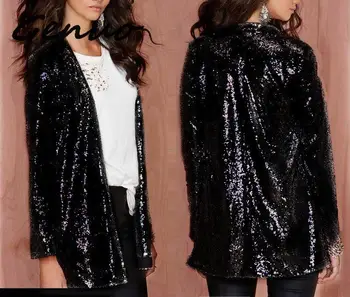 Genuo нов дамски яке есенна мода за жени, сребърни пайети палто отложным яка с дълъг ръкав надвишава жилетка якета