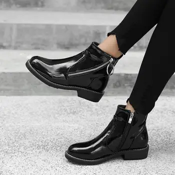 SIMLOVEYO 2019 ботильоны за жени през цялата чорап нисък ток на мълния пръстен обувки челси лачена кожа Botas feminino черно червено вино