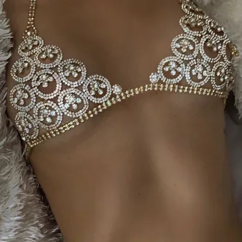 Stonefans Sexy Body Chain Кристал Crystal Bling Bikini Set Women Luxury Flower Bra and Прашки Underwear Jewelry Valentine Gift