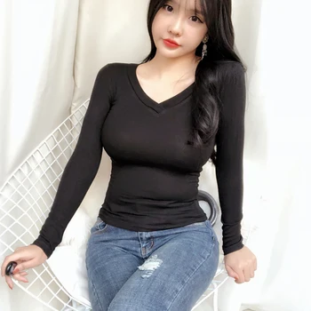 AOSSVIAO V-образно деколте, тънка тениска върховете 2020 Есен Зима Vogue тениски корейски секси бяла еластичност с дълъг ръкав тениска Femme