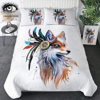 Fox by Pixie Cold Art легла Акварел чаршаф с наволочками за възрастни племенни животни, домашен текстил 3 бр. спално бельо