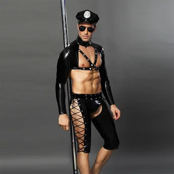 Нова мъжки ролева игра Секси кожена полицейска форма комплекта cosplay униформи в гей бар танцов костюм екипировка 2020