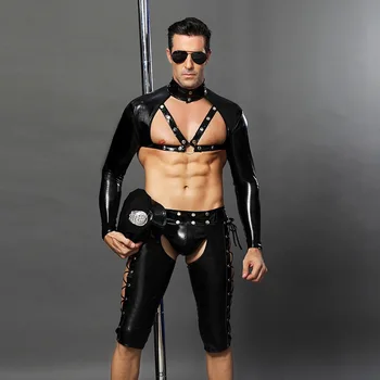 Нова мъжки ролева игра Секси кожена полицейска форма комплекта cosplay униформи в гей бар танцов костюм екипировка 2020