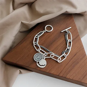 S925 стерлинги сребърни гривни ретро часовници усмивка тагове верига любителите на гривна персонализирани сребърни двойна верига бижута