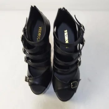 Новият пристигането стилен най-високата степен на поръчка изкуствена кожа за дамски 15 см открит чорап платформа обувки на висок ток черни гладиаторски сандали