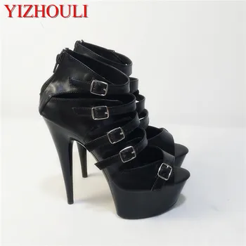 Новият пристигането стилен най-високата степен на поръчка изкуствена кожа за дамски 15 см открит чорап платформа обувки на висок ток черни гладиаторски сандали
