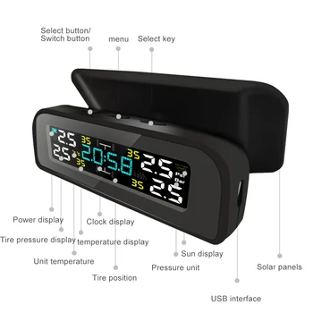 Car ГУМИТЕ Tire Pressure Monitor Alarm System Temperature Warning Fuel Save Display Wireless Solar Attached 4 външни сензора