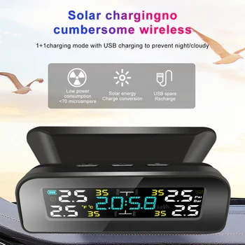 Car ГУМИТЕ Tire Pressure Monitor Alarm System Temperature Warning Fuel Save Display Wireless Solar Attached 4 външни сензора