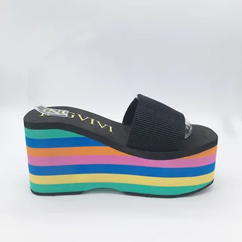 Високо качество на Ева Sole жени Дъга ивици пързалки платформа Клин дебело дъно обувки на високи токчета, сандали и чехли