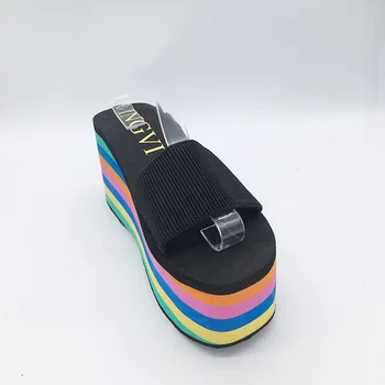 Високо качество на Ева Sole жени Дъга ивици пързалки платформа Клин дебело дъно обувки на високи токчета, сандали и чехли