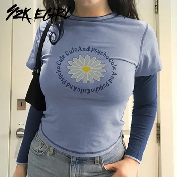 Y2K EGIRL Vintage 90s градинска цветен принт в синьо тениски Harajuku естетика мозайка с дълъг ръкав За-образно деколте и изрязване на върховете на Y2K тениски
