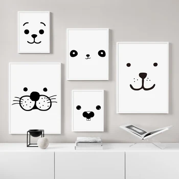 Kawaii Bear Dog Face Wall Art Платно Живопис Черно Бяла Рисунка Е В Скандинавските Плакати И Щампи Стенни Картини За Вашия Интериор Дневна