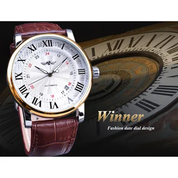 Победител 2019 мода бял златен часовник дата дисплей, кафява кожена каишка механичен автоматичен часовник за мъже на топ марката луксозни