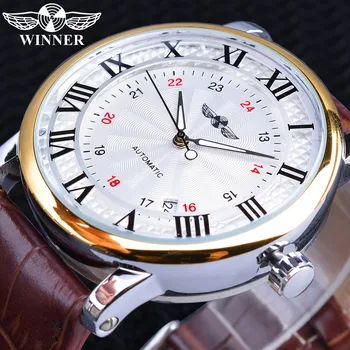 Победител 2019 мода бял златен часовник дата дисплей, кафява кожена каишка механичен автоматичен часовник за мъже на топ марката луксозни
