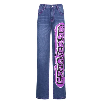 E-girl Women Vintage Streetwear Letter Print широки дънки на 90-те години на мода прави дънки с ниска талия Y2K панталони есен мама дънки