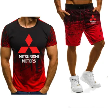 Мъжка мода нов тренд тениски Mitsubishi авто лого наклон с къс ръкав мъжете o яка тениска + спортни шорти костюм Див продажба