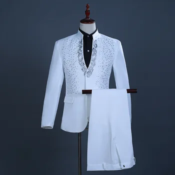 Бял брилянт дизайн на щанд яка 2 бр смокинг костюм мъжки бродерия на партията сватбени костюми с панталони с певицата костюм Homme