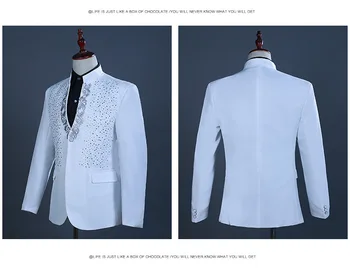 Бял брилянт дизайн на щанд яка 2 бр смокинг костюм мъжки бродерия на партията сватбени костюми с панталони с певицата костюм Homme