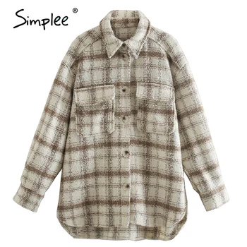Simplee Casual Plaid women ' s top Губим drop shoulder sleeve button lapel pocket Top High street style есента е топла риза 2020