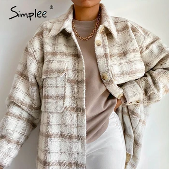 Simplee Casual Plaid women ' s top Губим drop shoulder sleeve button lapel pocket Top High street style есента е топла риза 2020