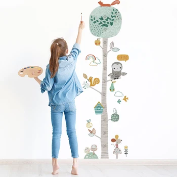 Тофок занаяти горски дървета, животни Височина стикер на стената декор Nordic Ins деца Височина мярка фаянс рисувани етикети детски сладки тапети