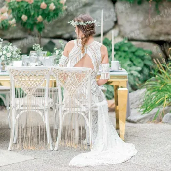 OurWarm Boho сватбата булката на младоженеца стол украса ресни монтиране на стол делото фон Начало сватбена декорация парти
