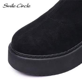 Усмивка кръг приплъзване на ботуши велур жени плоски обувки на платформа 2019 есен дебело дъно еластичността на ежедневни къса обувки