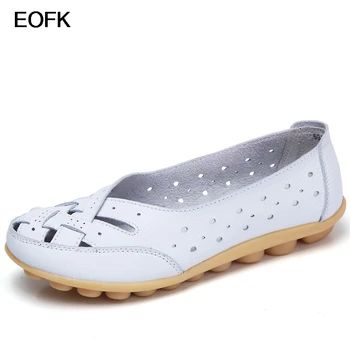 EOFK летни дамски обувки на плоска подметка ръчно изработени кожени лоферы бели дишащи слипоны Дамски обувки, мокасини
