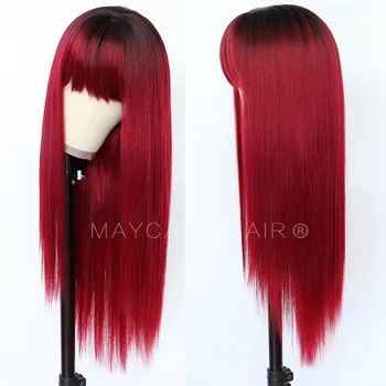 Maycaur дълги прави синтетични косата на перука с бретон блондинка черно червено сив руса коса перуки за жени