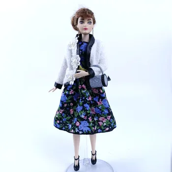 Елегантното бяло палто и Royalblue селски цвете рокля за Барби кукла екипировки ръчно изработени комплект дрехи за 1/6 куклено аксесоари